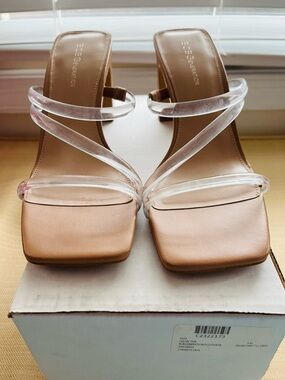 BCBGeneration Clear-Strap Nude Square-Toe Mid Heel Sandals